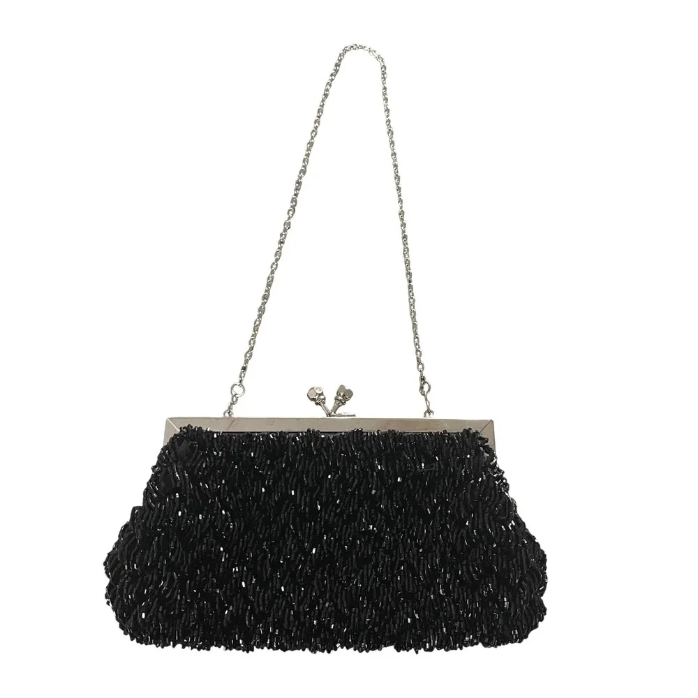 BCBGMAXAZRIA Vintage Black Beaded Evening Clutch‎ Chain Bag